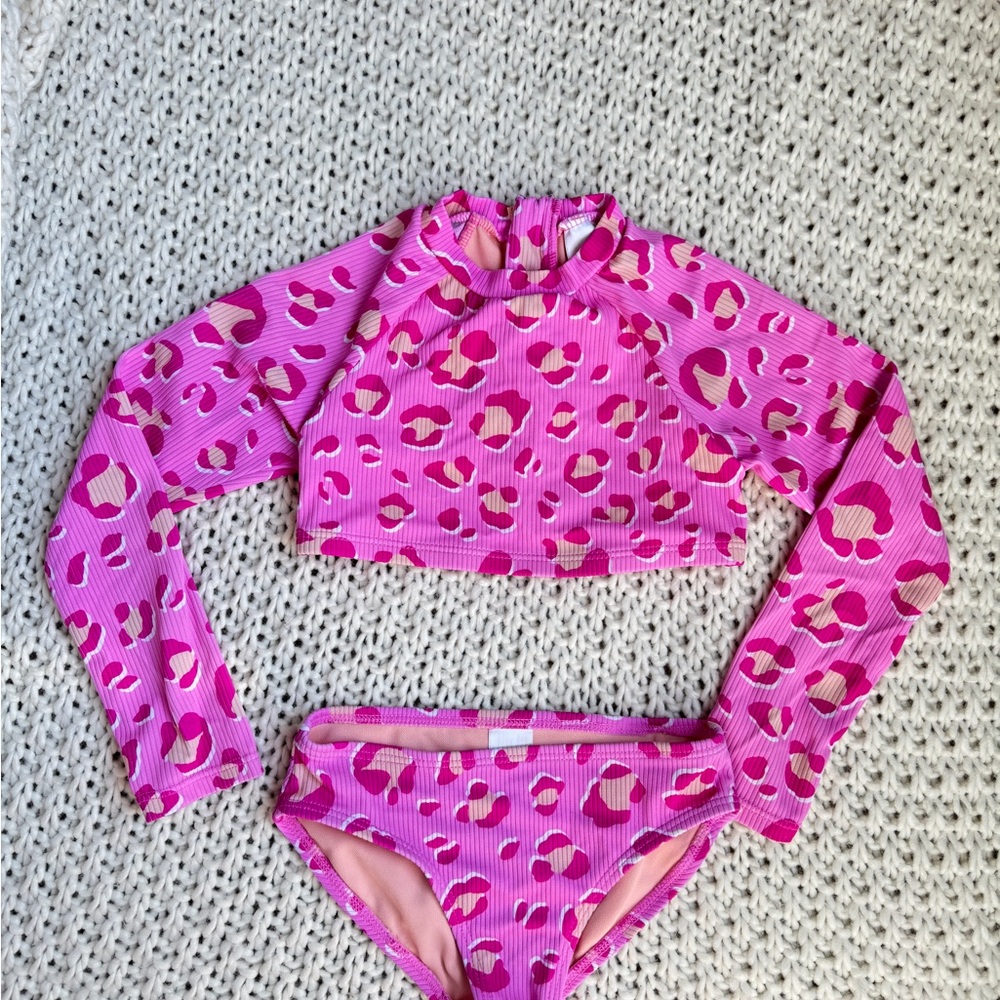 Kids Pink Leopard Print Swim Set